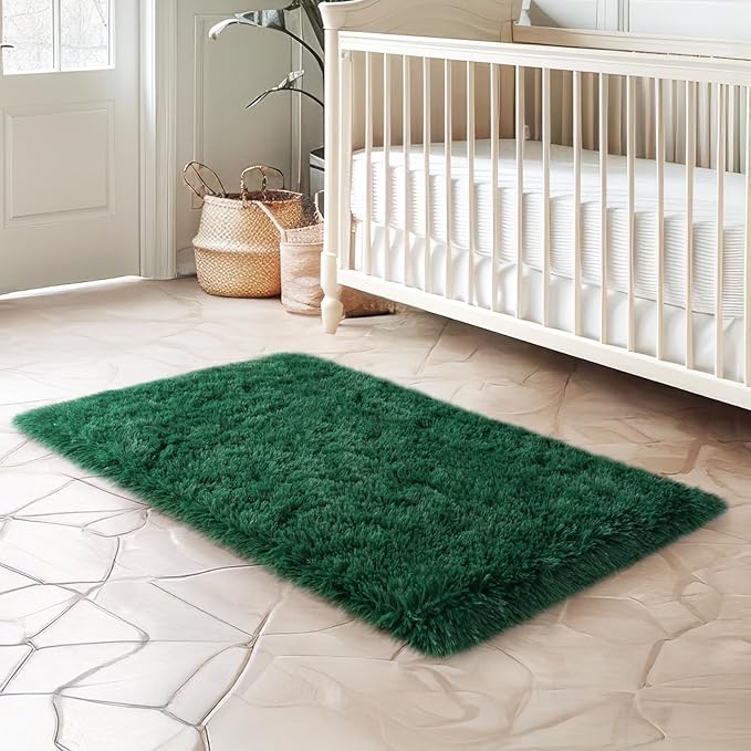 2x3 Rug for Bedroom, Fluffy Area Rugs for Living Room, Small Soft Shag Fuzzy Shaggy Carpets for Kids Boys and Girls Dorm with 4 Non-Slip Rug Tapes for Room Home Decor (2ft x 3ft, Dark Green)