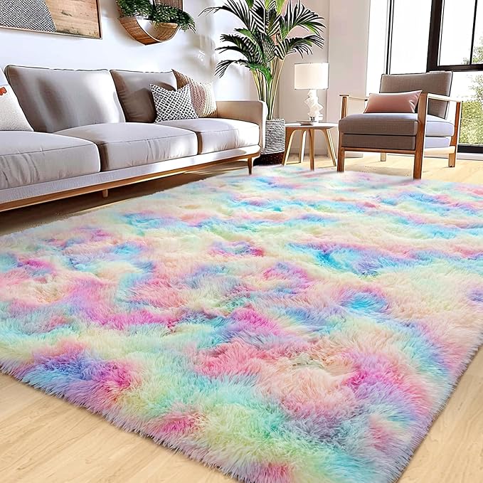 6x9 Rainbow Rug for Bedroom Girls, Large Fluffy Fuzzy Plush Shag Rug for Kids Room Nursery Living Room, Soft Cute Colorful Tie-Dyed Indoor Shaggy Carpet, Upgrade Non-Slip