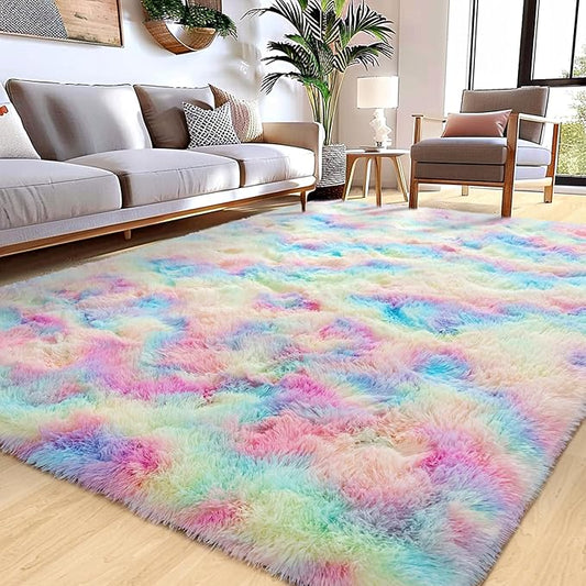 6x9 Rainbow Rug for Bedroom Girls, Large Fluffy Fuzzy Plush Shag Rug for Kids Room Nursery Living Room, Soft Cute Colorful Tie-Dyed Indoor Shaggy Carpet, Upgrade Non-Slip