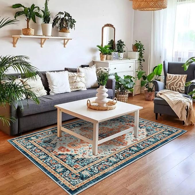 U'Artlines Boho Vintage Area Rug 3x5 Machine Washable Low Pile Soft Floor Carpet Non Slip Non Shedding Accent Rug for Living Room Bedroom Entryway Dining Room Office Orange/Multi