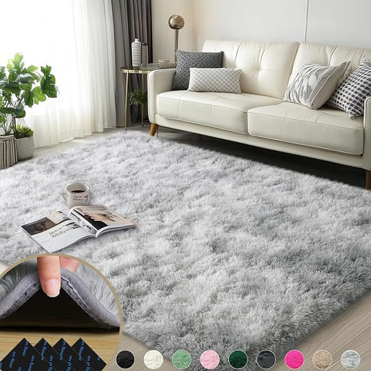 3x5 Rugs for Bedroom, Fluffy Area Rugs for Living Room, Soft Shag Kids Rug Small Carpet with 4 Non-Slip Rug Pads (Grey Tie-Dyed, 3ft x 5ft)