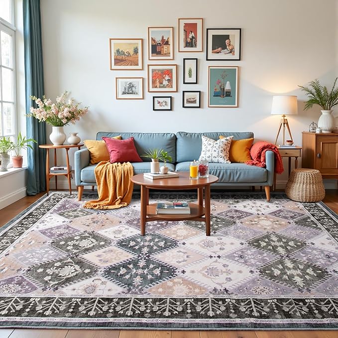5x7 Washable Area Rug for Living Room, Boho Non-Slip Bedroom Rugs, Moroccan Floral Trellis Carpet Soft Low Pile Accent Indoor Mat for Kitchen Laundry Room, Teal/Grey