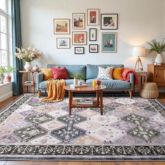 8x10 Washable Area Rug for Living Room, Boho Non-Slip Bedroom Rugs, Moroccan Floral Trellis Carpet Soft Low Pile Accent Indoor Mat for Kitchen Laundry Room, Teal/Grey