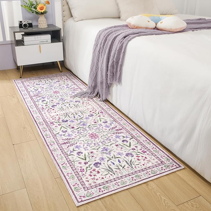 Amearea Purple Runner Rugs for Hallway, 2x6 Feet Area Rugs for Bedroom Girls, Washable Floral Collection Bedside Rugs Low Pile Print Carpet, Kids Room Entrance Kitchen Living Room Decor