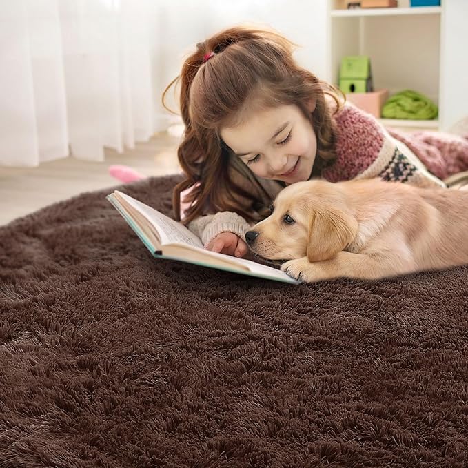 OLANLY Coffee Round Rugs for Bedroom - Machine Washable, 7x7 Feet Circle Area Rugs for Living Room, Soft and Fluffy Shaggy Carpet for Teen Girls and Boys, Dorms, Nursery Rooms, Home Decor Aesthetic