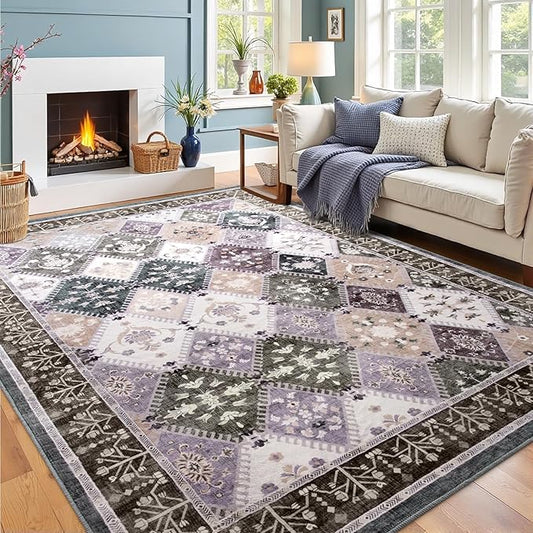 6x9 Washable Area Rug for Living Room, Boho Non-Slip Bedroom Rugs, Moroccan Floral Trellis Carpet Soft Low Pile Vintage Indoor Mat for Kitchen Laundry Room, Teal/Grey