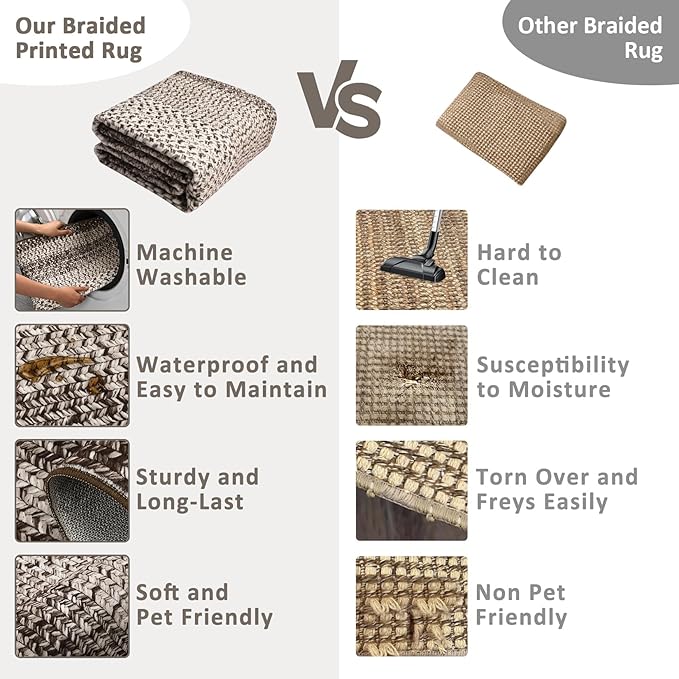 Imitation Braided Collection-Print Modern Area Rug 5x7 Washable Rug Non Slip Non Shedding Farmhouse Floor Cover, Ultra-Thin Foldable Carpet for Bedroom, Living Room Dining Room