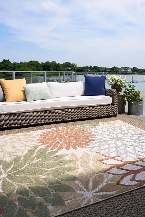 Nourison Aloha Indoor/Outdoor Ivory Multicolor 6' x 9' Area Rug, Easy Cleaning, Non Shedding, Bed Room, Living Room, Dining Room, Backyard, Deck, Patio (6x9)