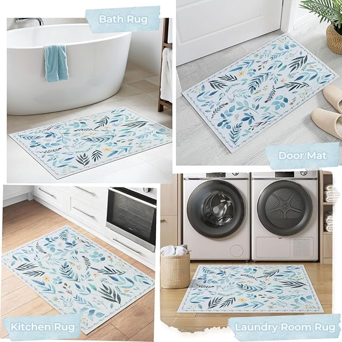 Syalife 2x3 Area Rugs, Non Slip Washable Small Rugs for Entryway, Kitchen, Bathroom, Kids Room, Low Pile Entry Throw Rug Indoor Front Door Mat (Blue Leafy, 2'x3')