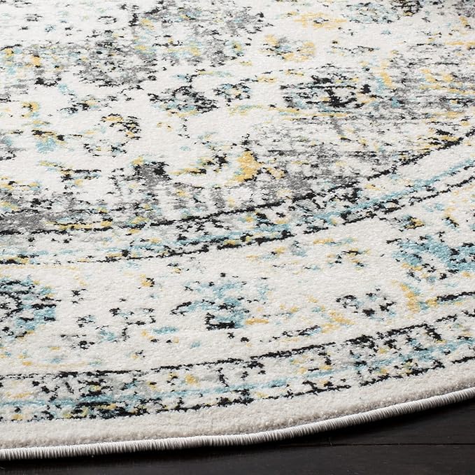 SAFAVIEH Evoke Collection Area Rug - 5'3" Round, Grey & Gold, Shabby Chic Oriental Medallion Design, Non-Shedding & Easy Care, Ideal for High Traffic Areas in Living Room, Bedroom (EVK220B)