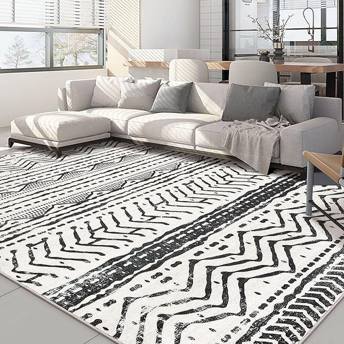 Black Rug Living Room Rugs: 9x12 Machine Washable Boho Large Neutral Modern Soft Moroccan Stain Resistant Indoor Floor Non Slip Accent Carpet for Bedroom Nursery Kids Playroom Office Dining Room