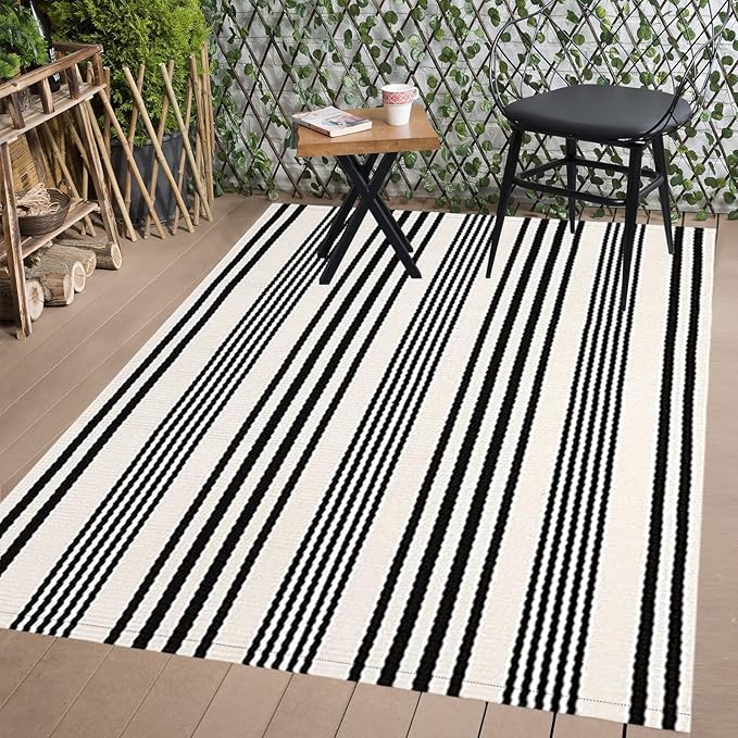 BUAGETUP Black and White Striped Outdoor Patio Rug 4' x 6',Hand Woven Cotton Patio Rug Front Porch Rug Indoor Outdoor Area Rug for Bedroom/Living/Room/Patio