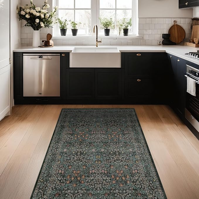 Vintage Floral Dark Green 3x5 Area Rugs for Entryway, Kitchen, Bedroom Beside Rug, Laundry Room, Non-Slip Low Pile Ultra Soft Stain Resistant Small Carpet