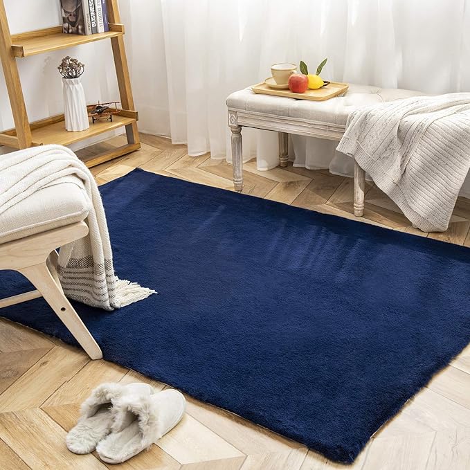 Ashler HOME DECO Ultra Soft Faux Rabbit Fur Chair Couch Cover Area Rug for Bedroom Floor Sofa Living Room Dark Blue 4 x 6 Feet