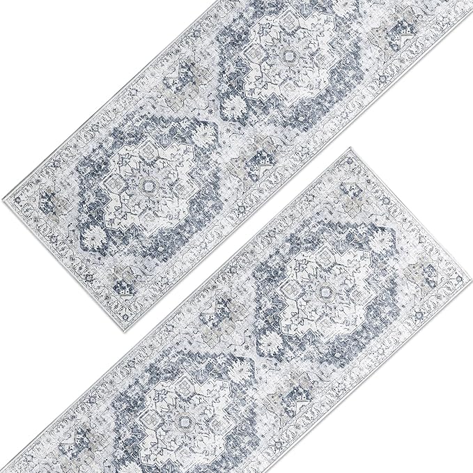 jinchan Runner Rug 3x10-2pcs Vintage Hallway Rug Kitchen Washable Runner Retro Floor Cover Lightweight Non-Slip Thin Distressed Carpet for Entryway Bathroom Laundry Room Bedroom Stairway Grey