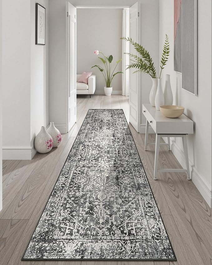 Morebes Vintage Black Runner Rugs for Hallway 2x8, Stain-Resistant Kitchen Runner Rugs Non Skid Washable, Medallion Low Pile Soft Carpet for Entryway Bathroom Bedroom