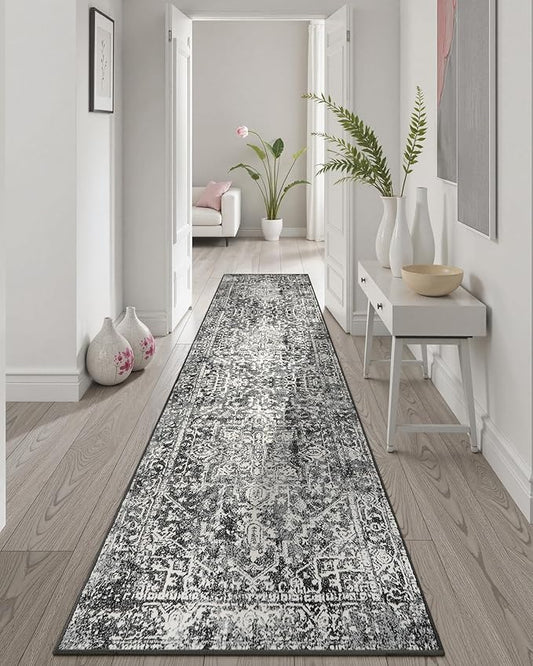 Morebes Vintage Black Runner Rugs for Hallway 2x8, Stain-Resistant Kitchen Runner Rugs Non Skid Washable, Medallion Low Pile Soft Carpet for Entryway Bathroom Bedroom