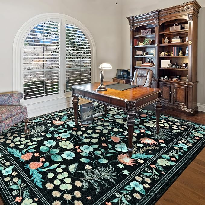 Area Rugs for Living Room, Washable 5x7 Vintage Rug for Bedroom, Non-Slip Floral Carpet for Home Office Nursery Dining Room Kitchen, Black