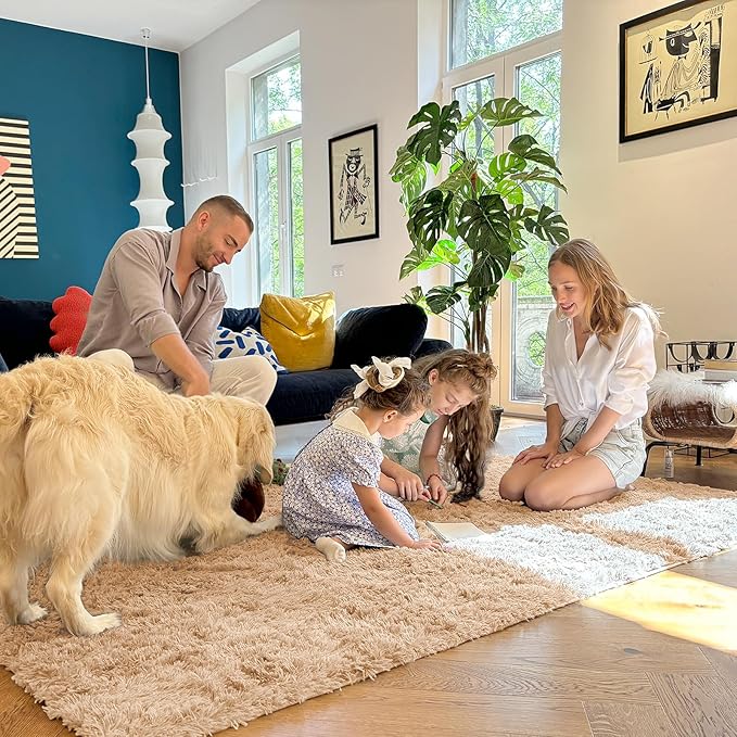 OLANLY Area Rugs for Living Room Bedroom, Machine Washable 4x5.9 Feet Soft Fluffy Shaggy Bedside Rug, Indoor Floor Carpet for Kids Girls and Boys, Dorms, Nursery Rooms, Home Decor Aesthetic, Beige