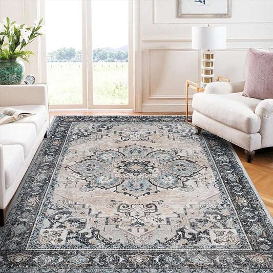 Washable Area Rug Vintage - Living Room Farmhouse Oriental Rug 5x8 Distressed Non-Slip Stain Resistant Carpet for Bedroom Dining Room Home Office (5x8 Blue/Cream)