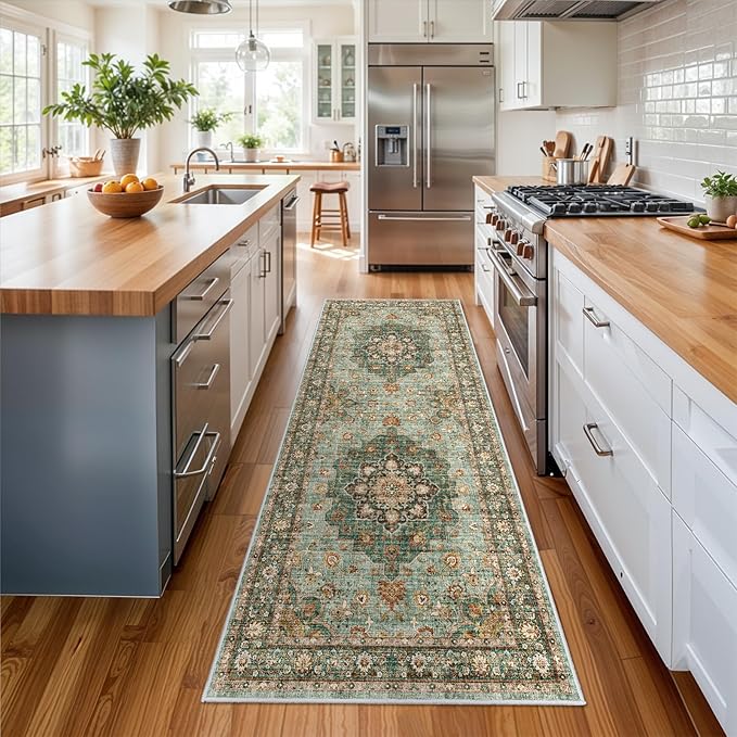 Washable Oriental Hallway Runner Rug - 3x8 Rugs for Living Room Soft Carpet for Bedroom Kitchen Waterproof Floral Distressed Indoor Stain Resistant Non-Shedding Floor Carpets (Green, 3X8)