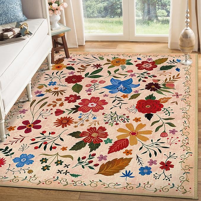 Washable Area Rugs 5'x7' Living Room, Non Slip Floral Vintage Low Pile Large Rugs for Living Room Stain Resistant for TribalBedroom, Farmhouse, Dining Room, Kids Playroom