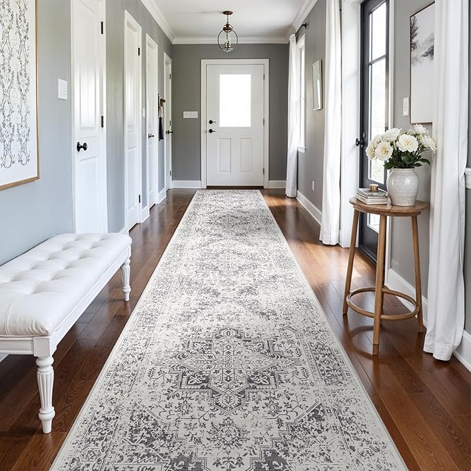 Washable Hallway Runner Rug 3x20: Soft Vintage Kitchen Laundry Runner Non Slip Low-Pile Entryway Living Room Stain Resistance Indoor Floor Long Carpet for Bedroom Bathroom, Grey