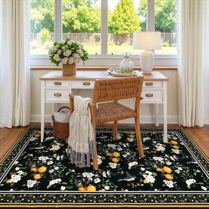 ASPMIZ Black Floral Area Rug, Vintage 3x5 Rug Washable Non Slip, Lemon Hummingbird Rugs for Living Room, Foldable Low Pile Soft Throw Rug Carpet for Bedroom Kitchen Dining Room Nursery Office