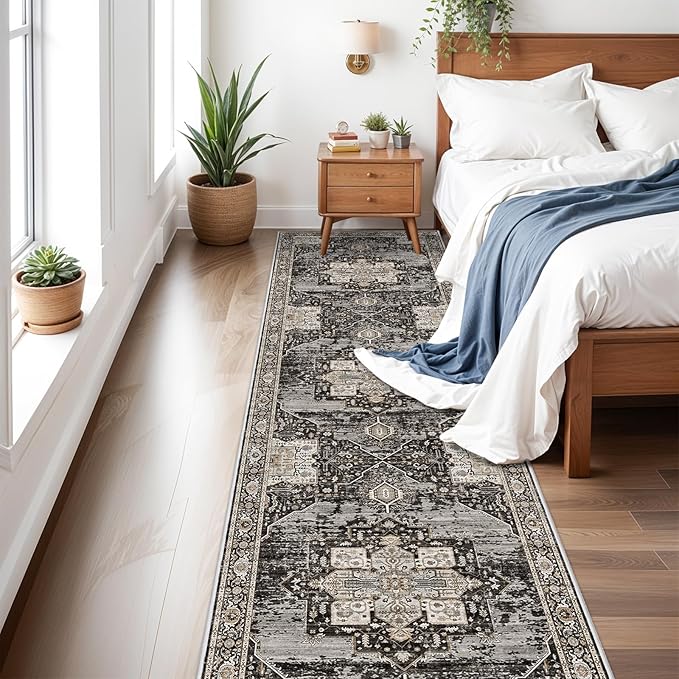 RUUGME Hallway 3x12 Runner Rugs - Large Boho Rugs for Living Room Stain Resistant Carpet Vintage Tribal Rugs for Bedroom Kitchen Bathroom Non Slip Backing Home Decor Floor Decoration Mat 3X12 Black