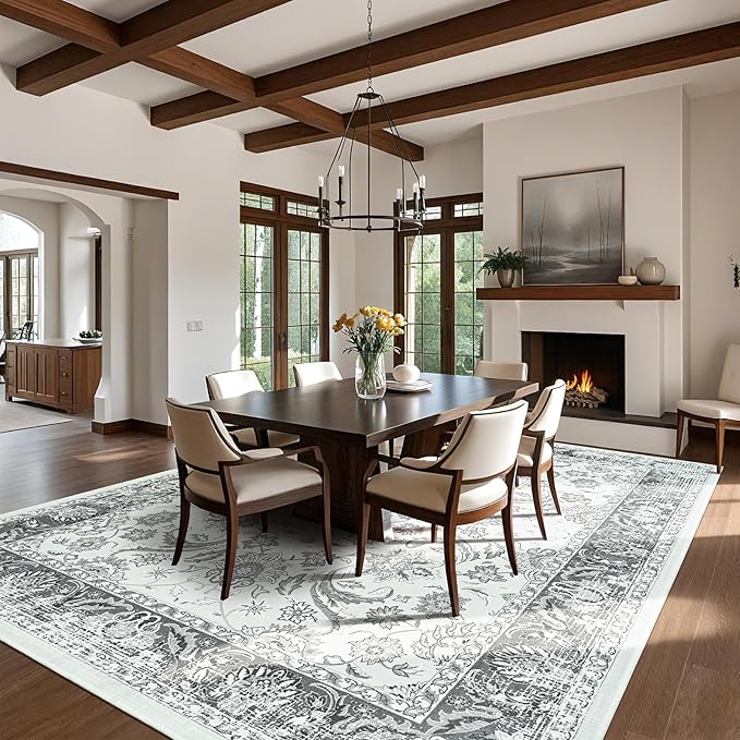 Area Rugs for Living Room, Washable 5x7 Area Rug for Bedroom, Floral Non-Slip Carpet for Nursery Home Office Dining Room Kitchen, Grey and White