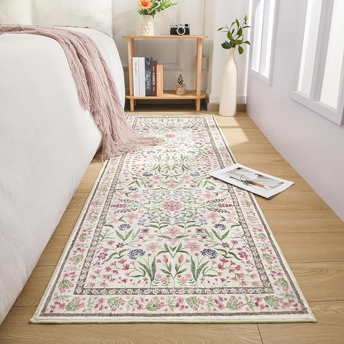 Amearea Pink Runner Rugs for Hallway, 2x6 Feet Area Rugs for Bedroom Girls, Washable Floral Collection Bedside Rugs Low Pile Print Carpet, Kids Room Entrance Kitchen Living Room Decor