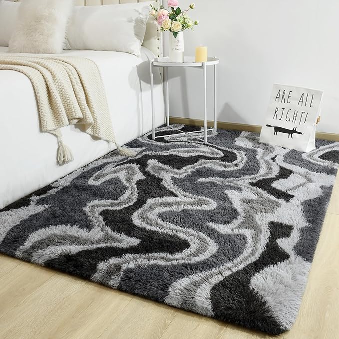 TWINNIS Super Soft Shaggy Rugs Fluffy Carpets, 5x8 Feet, Indoor Modern Plush Area Rugs for Living Room Bedroom Kids Room Nursery Home Decor, Upgrade Anti-Skid Rectangular Fuzzy Rug, Grey Black
