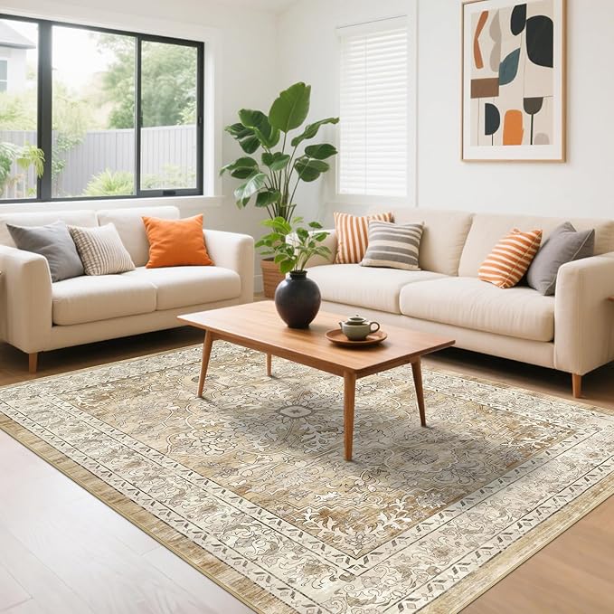 U'Artlines Boho Vintage Area Rug 5x7 Machine Washable Low Pile Soft Floor Carpet Non Slip Non Shedding Accent Rug for Living Room Bedroom Entryway Dining Room Office Cream Tan