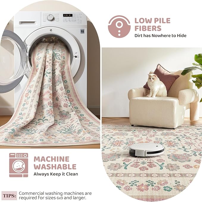 5x7 Area Rug Living Room Rugs - Washable Boho Vintage Floral Large Soft Non Slip Thin Rug Low Pile Carpet for Bedroom Dining Room Kids Playroom Office Decor Indoor- Pink