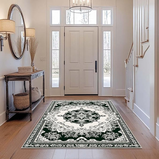 4x6 Area Rug Machine Washable Rugs White Green Vintage Boho Rug Non-Slip Low Pile Large Carpet for Home Kitchen Living Room Bedroom Dining Room Office