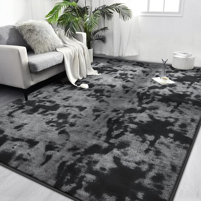 FlyDOIT Large Area Rugs for Living Room Bedroom, 5x8 Ft Tie-Dyed Dark Grey Ultra Soft Comfy Thickened Memory-Foam Indoor Carpets, Cozy Modern Floor Rug for Boys Girls Playroom Dorm Nursery Home Décor