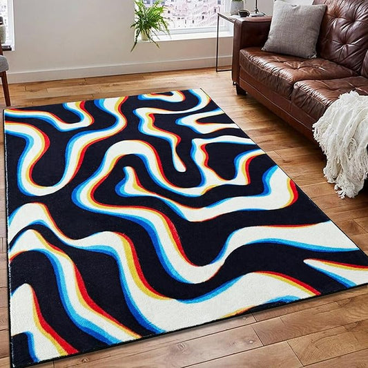 Trippy Abstract 3x5 Area Rug Soft Thin Funky Aesthetic Wavy Stripes Swirl Throw Rug Colorful Black White, Retro Cool Geometry Washable Carpet for Kitchen Entryway Bedroom Dorm