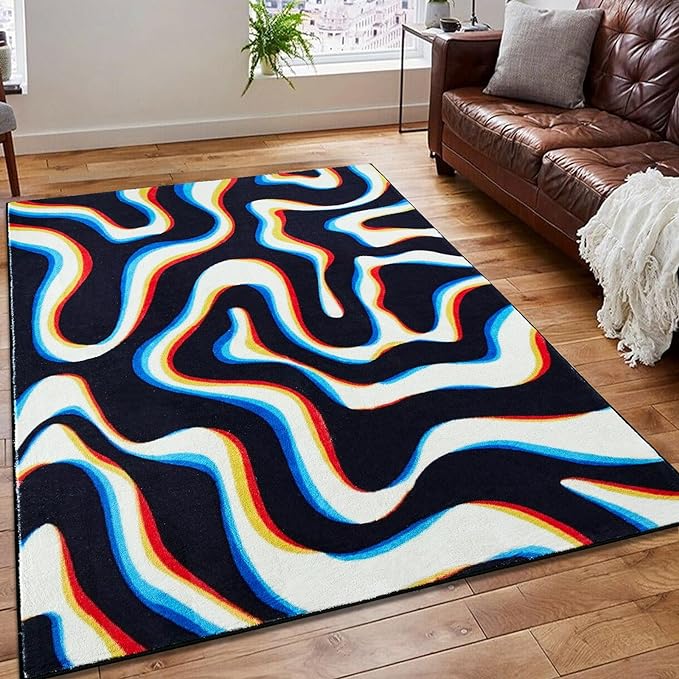 Trippy Abstract 6x9 Area Rug Soft Thin Funky Aesthetic Wavy Stripes Geometry Swirl Living Room Rug Colorful Black White, Retro Cool Washable Carpet for Kitchen Entryway Bedroom Dorm