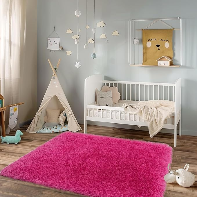 3x5 Rugs for Bedroom, Fluffy Area Rugs for Living Room, Soft Shag Kids Rug Small Carpet with 4 Non-Slip Rug Pads (Hot Pink, 3ft x 5ft)