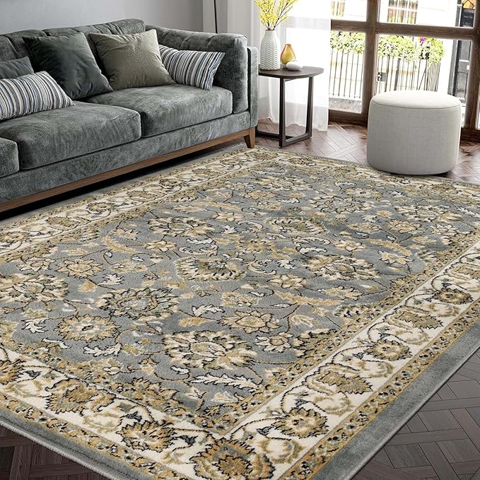 Superior Indoor Area Rug, Jute Backing, Plush Floral Rugs for Entryway, Kitchen Floors, Office Floor Cover, Traditional Oriental Rugs, Lille Collection, 4' x 6', Grey
