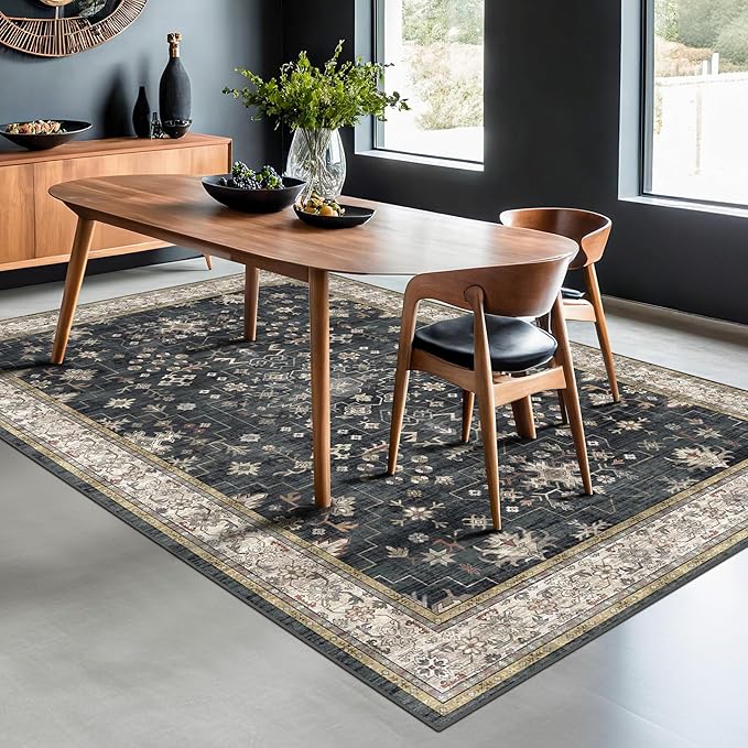 Black Boho Living Room Rug 5x7, Washable Dark Vintage Moody Low Pile Non Slip Carpet for Bedroom, Dinning Room, Office, Farmhouse, Retro Area Rug Indoor Decor (5x7 Black/Multi)