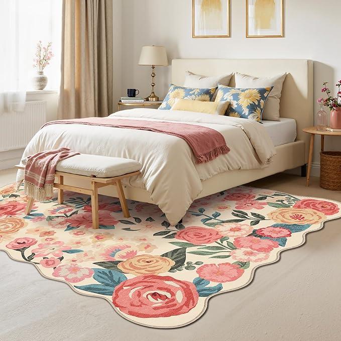 Washable Floral Area Rug 5x7 Beige Living Room Carpet Scalloped Flower Non Slip Soft Bedroom Rug Farmhouse Low Pile Thin Indoor Floor Cover for Office Dining Room Kitchen Bathroom