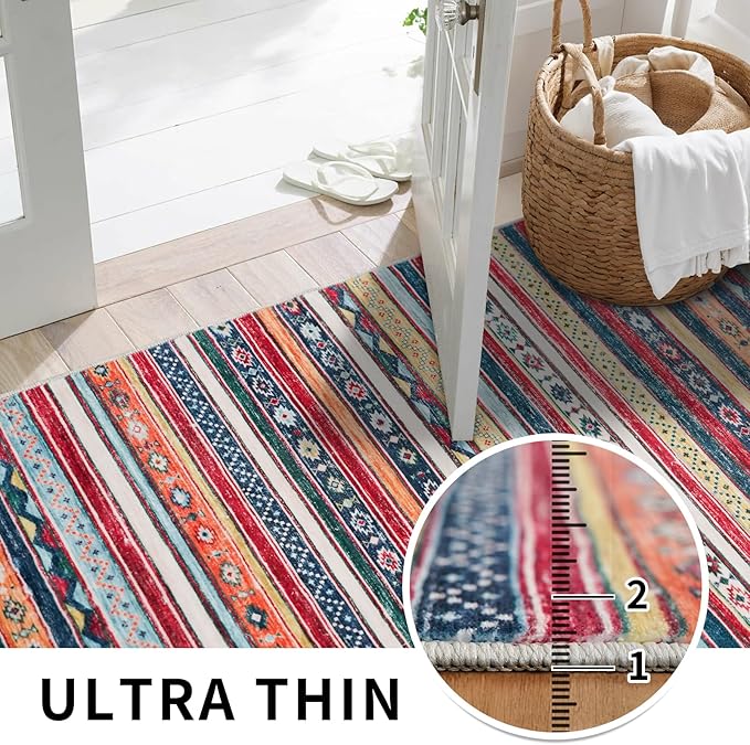 10x14 Washable Area Rug - Living Room Bedroom Non - Slip Rubber Backing Low Pile Ultra - Thin Stain Resistant Indoor Carpet with Soft Southwest Aztec Striped Design (10x14 Multi)
