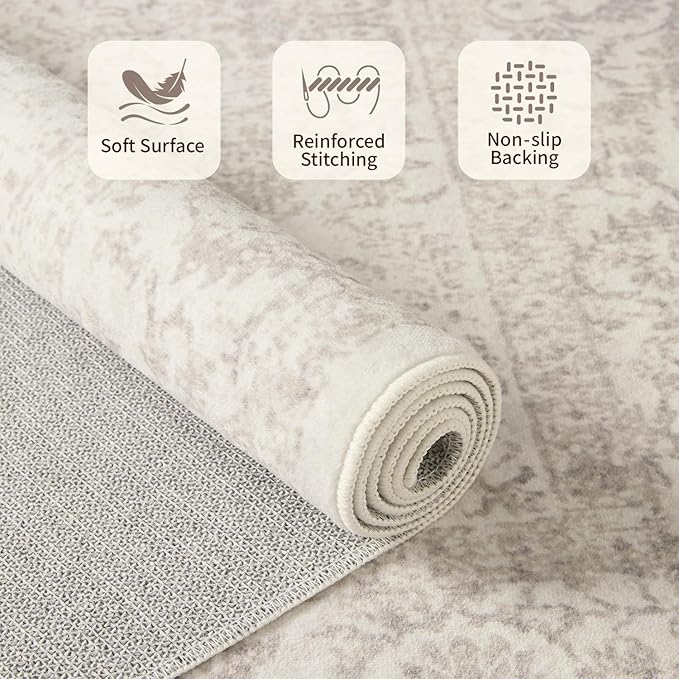 5X7 Washable Area Rug for Living Room, Vintage Neutral Large Boho Rugs for Office, Dining Room, Kids Room, Farmhouse, Durable Low Pile Non Slip Carpet for High Traffic Areas, Light Bown