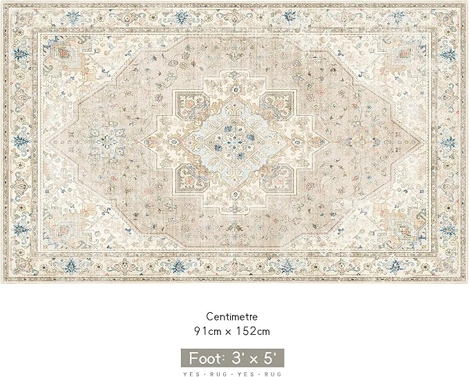Beige Boho Rug 3x5 Small Vintage Rugs for Kitchen Living Room Bedroom Bedside Bathroom Office Soft Low Pile Non Slip Floor Carpet