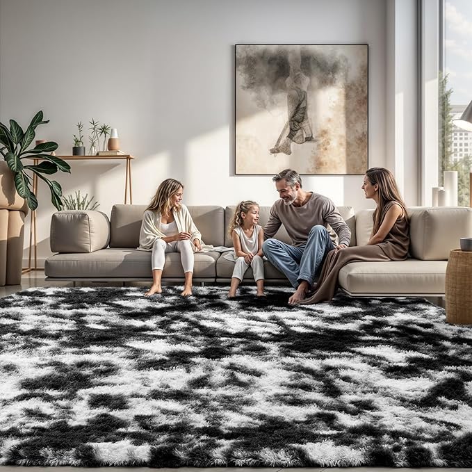 Zentavio Black and White Area Rugs for Living Room Large Rugs for Bedroom 8x10 Soft Carpet Fluffy Furry Shag Aesthetic Plush High Pile Gray Throw Rug for Nursery Kids Room Dorm Tie-Dyed