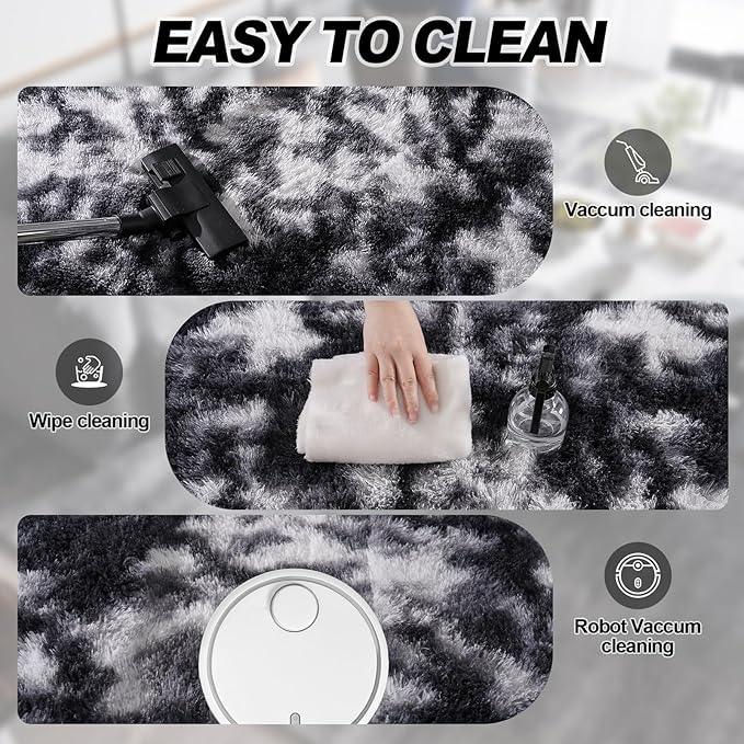Fluffy Rug for Living Room Shaggy Soft Area Rug High Pile Fuzzy Rug Non-Slip Indoor Floor Carpet Plush Area Rugs for Living Room Tie Dye Black White 6x9
