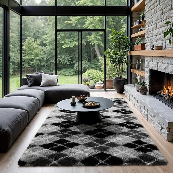 Zentavio Area Rugs for Living Room Large Rugs for Bedroom 5x8 Carpet Fluffy Fuzzy Soft Shag Aesthetic Plush High Pile Gray Throw Rug for Nursery Kids Room Dorm Diomond Black