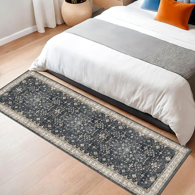 Black Entryway 2x5 Runner Rug, Small Throw Runners for Kitchen Bedroom Bathroom Laundry Room, Vintage Floral Decor & Non-Slip Low-Pile Washable Stain Resistant, Dark Ashen Charcoal