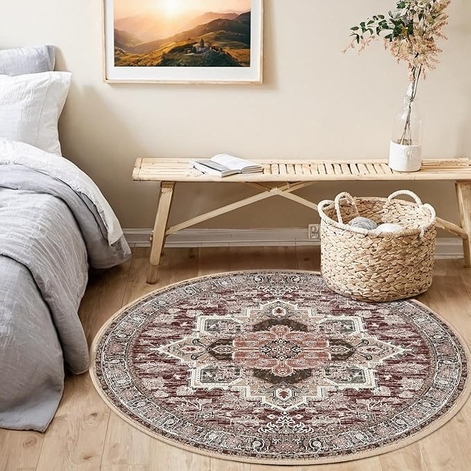 BESTSWEETIE 4ft Area Rugs for Living Room Washable Non Slip Carpet Low Pile Soft Vintage Print Pattern Rug for Bedroom Dining Room Kitchen Entryway Indoor-Wine/Brown/Brick/Black/Light tan